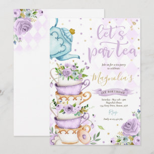 Tea Party Verjaardag Meisje Paarse Gouden Bloemen  Kaart