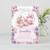 Tea Party Verjaardag Meisje Roze Paarse Bloemen Pa Kaart (Staand voorkant)