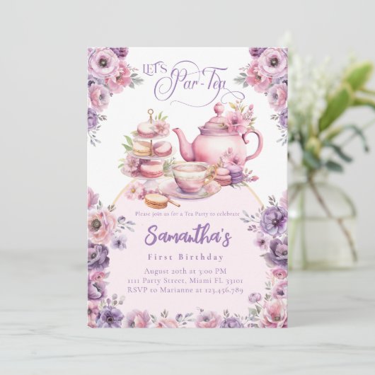 Tea Party Verjaardag Meisje Roze Paarse Bloemen Pa Kaart (Staand voorkant)