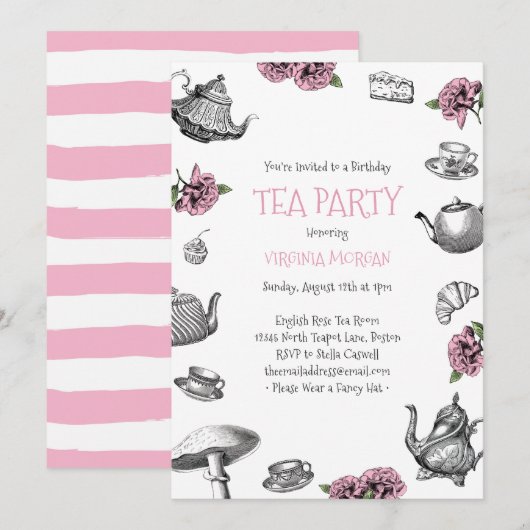 Tea Party Verjaardag Roze Kaart (Voorkant / Achterkant)