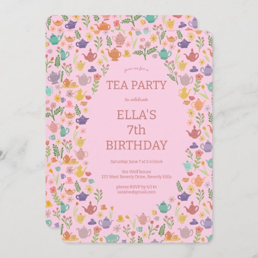 Tea Party Verjaardag Schattige Custom Kleurrijke B Kaart (Voorkant / Achterkant)