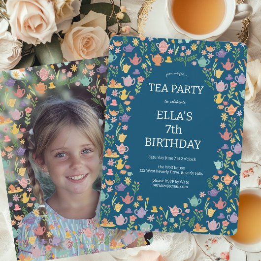 Tea Party Verjaardag Schattigee Custom PHOTO Kaart