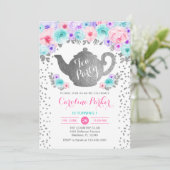 Tea Party Verjaardag - Silver White Blauwgroen Roz Kaart (Staand voorkant)