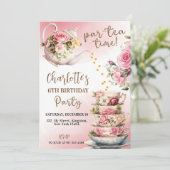 Tea Party Verjaardag Uitnodiging - Roze en Gouden  (Staand voorkant)