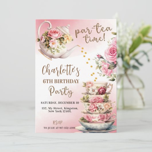 Tea Party Verjaardag Uitnodiging - Roze en Gouden  (Staand voorkant)