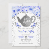 Tea Party Verjaardag - Zilver Wit Blauw Bloemen Kaart (Voorkant)