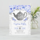 Tea Party Verjaardag - Zilver Wit Blauw Bloemen Kaart (Staand voorkant)