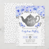 Tea Party Verjaardag - Zilver Wit Blauw Bloemen Kaart (Voorkant / Achterkant)