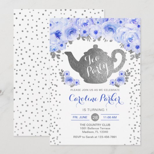 Tea Party Verjaardag - Zilver Wit Blauw Bloemen Kaart (Voorkant / Achterkant)