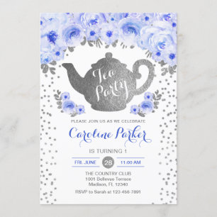 Tea Party Verjaardag - Zilver Wit Blauw Bloemen Kaart