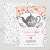 Tea Party Verjaardag - Zilver Wit Roze Bloemen Kaart (Voorkant / Achterkant)