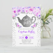 Tea Party Verjaardag - Zilveren Witte Paarse Bloem Kaart (Staand voorkant)