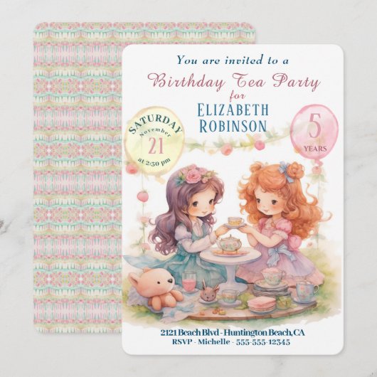 Tea Party verjaardagsfeestje uitnodiging (Voorkant / Achterkant)