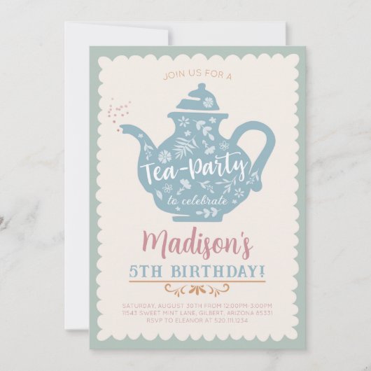 Tea Party verjaardagsfeestje uitnodiging (Voorkant)