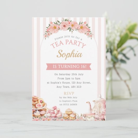 Tea Party Verjaardagsfeestje Uitnodiging Middag Th (Staand voorkant)