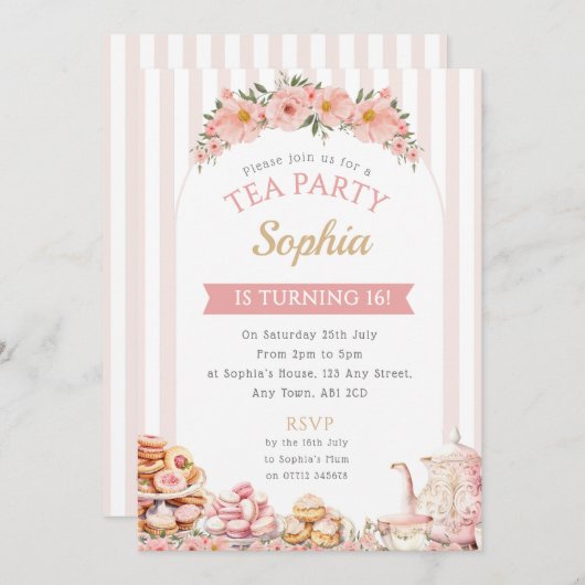 Tea Party Verjaardagsfeestje Uitnodiging Middag Th (Voorkant / Achterkant)