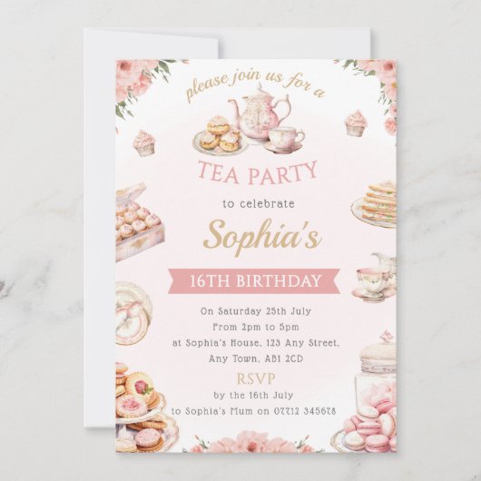 Tea Party Verjaardagsfeestje Uitnodiging Middag Th (Voorkant)
