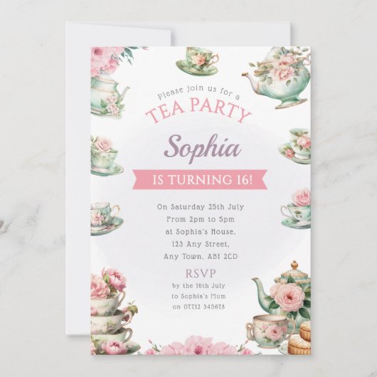 Tea Party Verjaardagsfeestje Uitnodiging Middag Th (Voorkant)