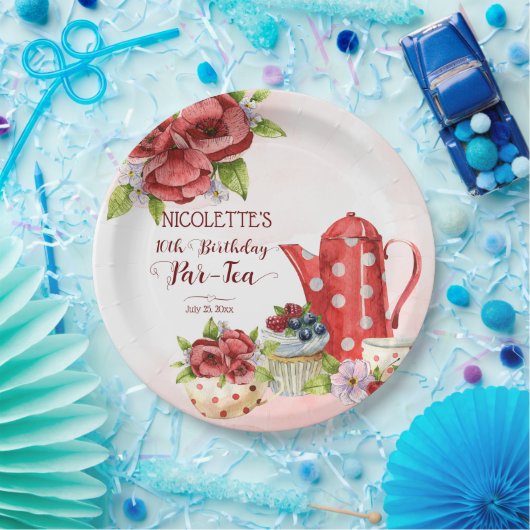Tea party verjaardagsposttheepot gepersonaliseerd papieren bordje (Feest)