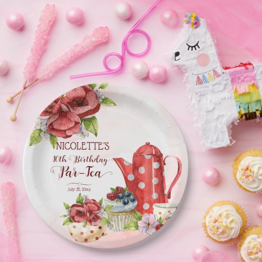 Tea party verjaardagsposttheepot gepersonaliseerd papieren bordje (Feest)