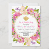 Tea Party verjaardagsuitnodiging, floral blush roz Kaart (Voorkant)
