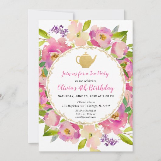 Tea Party verjaardagsuitnodiging, floral blush roz Kaart (Voorkant)