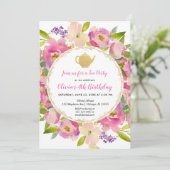 Tea Party verjaardagsuitnodiging, floral blush roz Kaart (Staand voorkant)