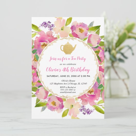 Tea Party verjaardagsuitnodiging, floral blush roz Kaart (Staand voorkant)