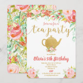 Tea party verjaardagsuitnodiging meisje floral gol kaart (Voorkant / Achterkant)