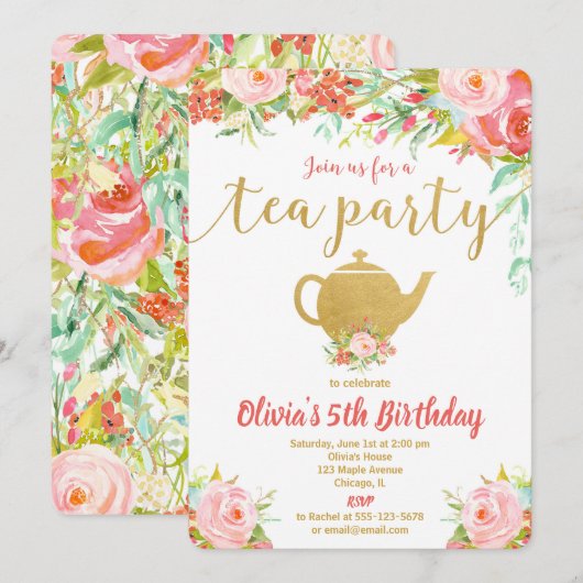 Tea party verjaardagsuitnodiging meisje floral gol kaart (Voorkant / Achterkant)