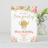 Tea party verjaardagsuitnodiging meisje floral gol kaart (Staand voorkant)