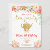 Tea party verjaardagsuitnodiging meisje floral gol kaart (Voorkant)