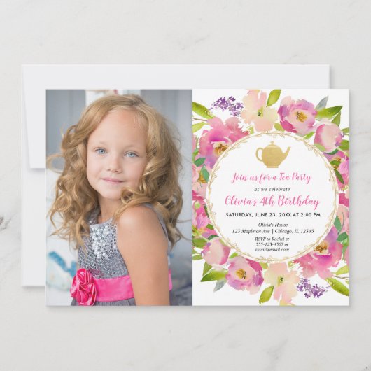 Tea Party verjaardagsuitnodiging, meisje verjaarda Kaart (Voorkant)