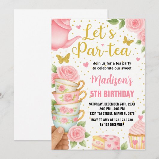 Tea Party verjaardagsuitnodiging met bijpassende t Kaart (Voorkant / Achterkant)