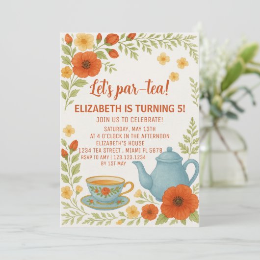  Tea Party Verjaardagsuitnodiging met Elegant Kaart (Staand voorkant)