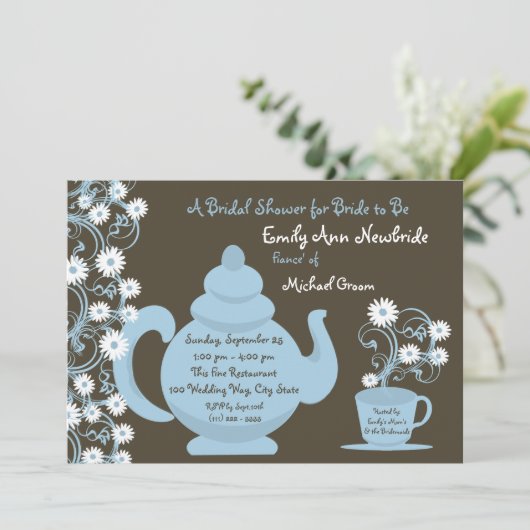 Tea Party Vrijgezellenfeest blauw en bruin Kaart (Staand voorkant)