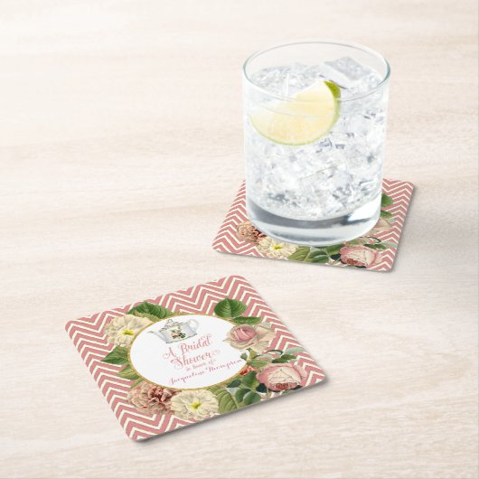 Tea Party Vrijgezellenfeest Chevron Stripes Roos Kartonnen Onderzetters (Insitu)