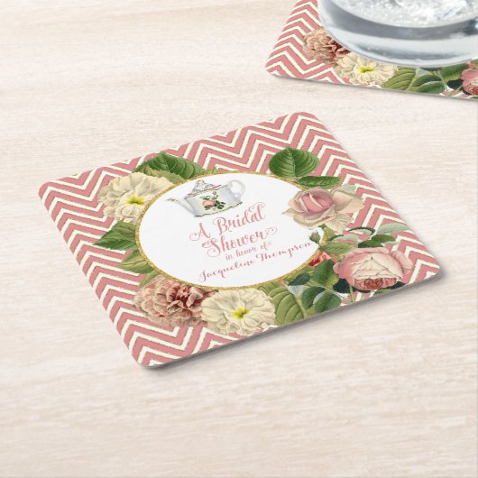 Tea Party Vrijgezellenfeest Chevron Stripes Roos Kartonnen Onderzetters (Schuin)