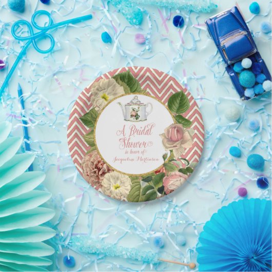 Tea Party Vrijgezellenfeest Chevron Stripes Roos Papieren Bordje (Feest)