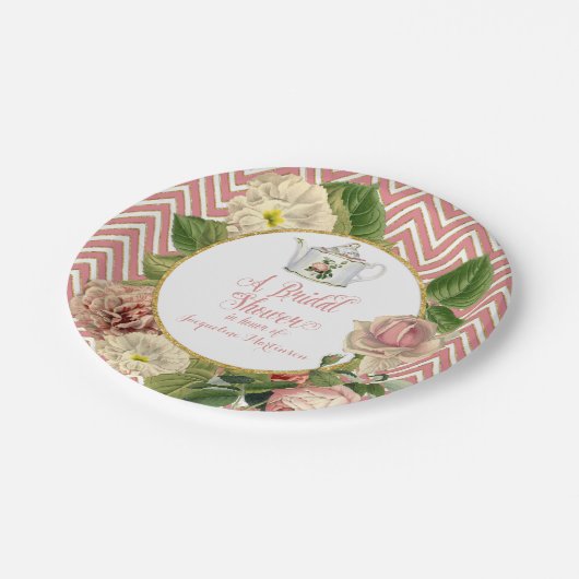 Tea Party Vrijgezellenfeest Chevron Stripes Roos Papieren Bordje (Gekanteld)