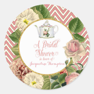 Tea Party Vrijgezellenfeest Chevron Stripes Roos Ronde Sticker