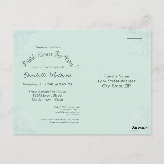Tea Party Vrijgezellenfeest Groene Uitnodiging (Achterkant)