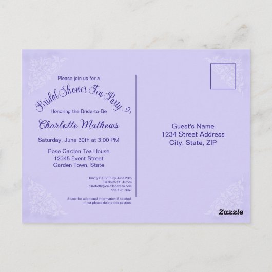  Tea Party Vrijgezellenfeest Lavendel Invitatio Briefkaart (Achterkant)