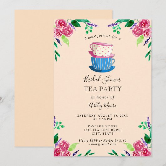 Tea Party Vrijgezellenfeest Roze Bloemen Teacups Kaart (Voorkant / Achterkant)