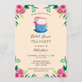 Tea Party Vrijgezellenfeest Roze Bloemen Teacups Kaart