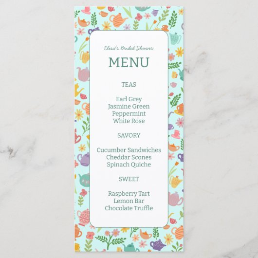 Tea Party Vrijgezellenfeest Schattige Kleurrijke C Menu (Voorkant)