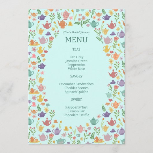 Tea Party Vrijgezellenfeest Schattige Kleurrijke C Menu (Voorkant)