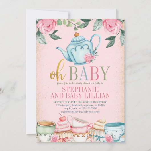 Tea Party Waterverf Floral Baby shower Invitation Kaart (Voorkant)
