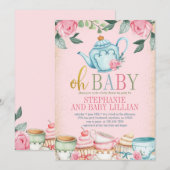 Tea Party Waterverf Floral Baby shower Invitation Kaart (Voorkant / Achterkant)