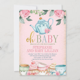 Tea Party Waterverf Floral Baby shower Invitation Kaart